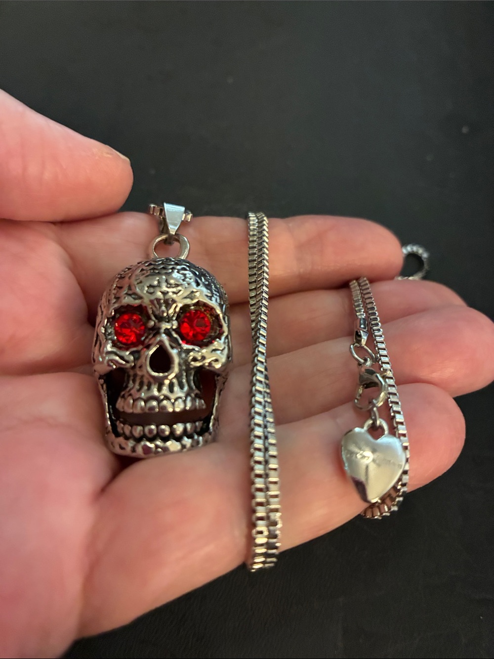 Silver Skull Pendant Necklace with Red Crystal Eyes - - Picture 3 of 7